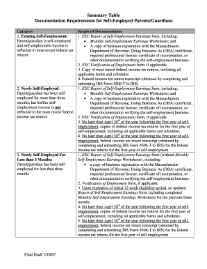 Summary Table Documentation Requirements for Self Mass Gov Mass  Form