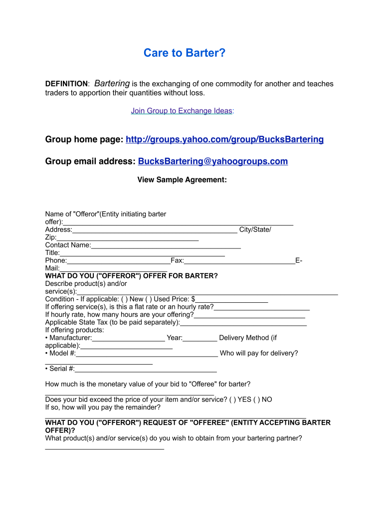 Barter Agreement Template  Form