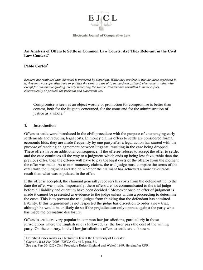 An Analysis of Offers to Settle in Common Law Courts Are They Relevant in the Civil  Form