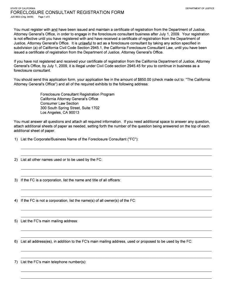 JUS 8833, Foreclosure Consultant Registration Form Attorney