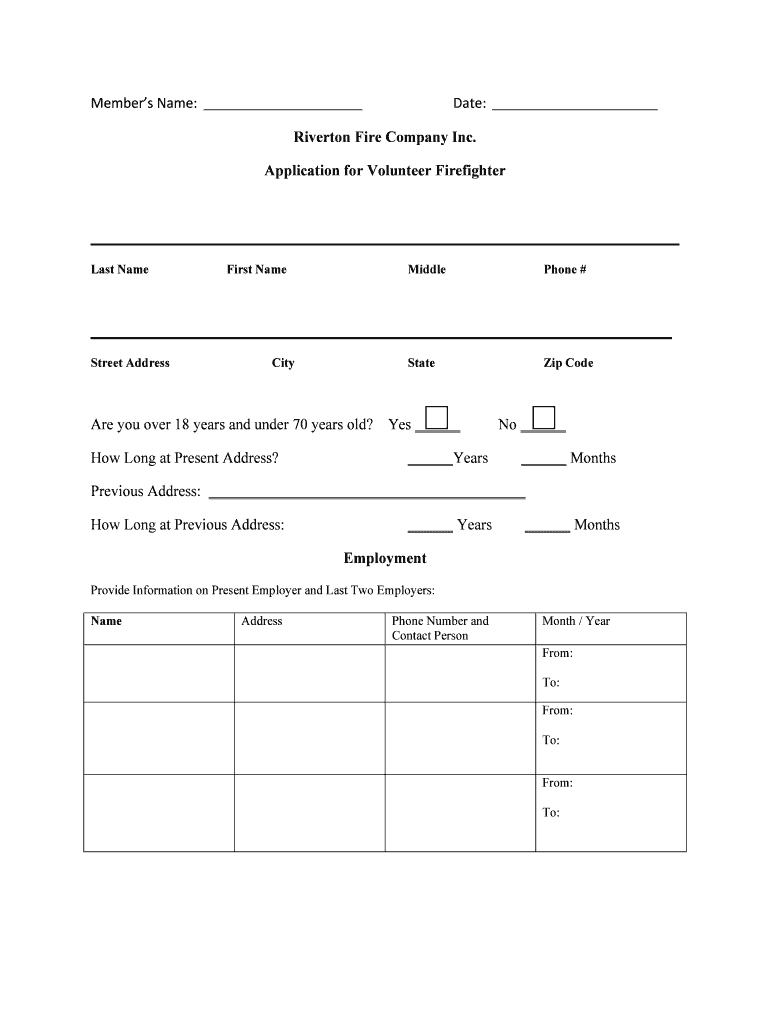 Riverton Fire Company Inc Application for Volunteer Firefighter Rivertonfirecompany  Form