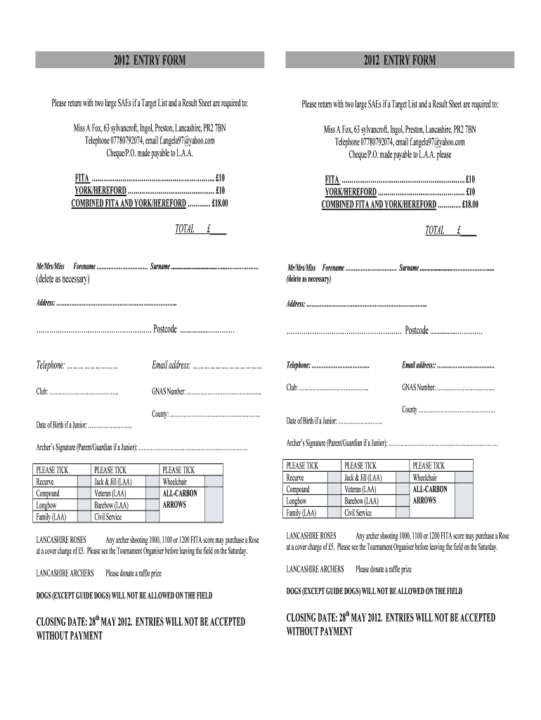 Entry Form Entry Form Lancashire Archery Association Lancashire Archery Org