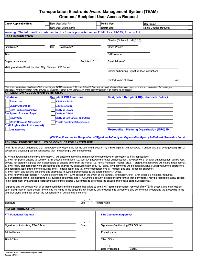 Transportation Electronic Award Management System Grantee Recipient User Access Request Form