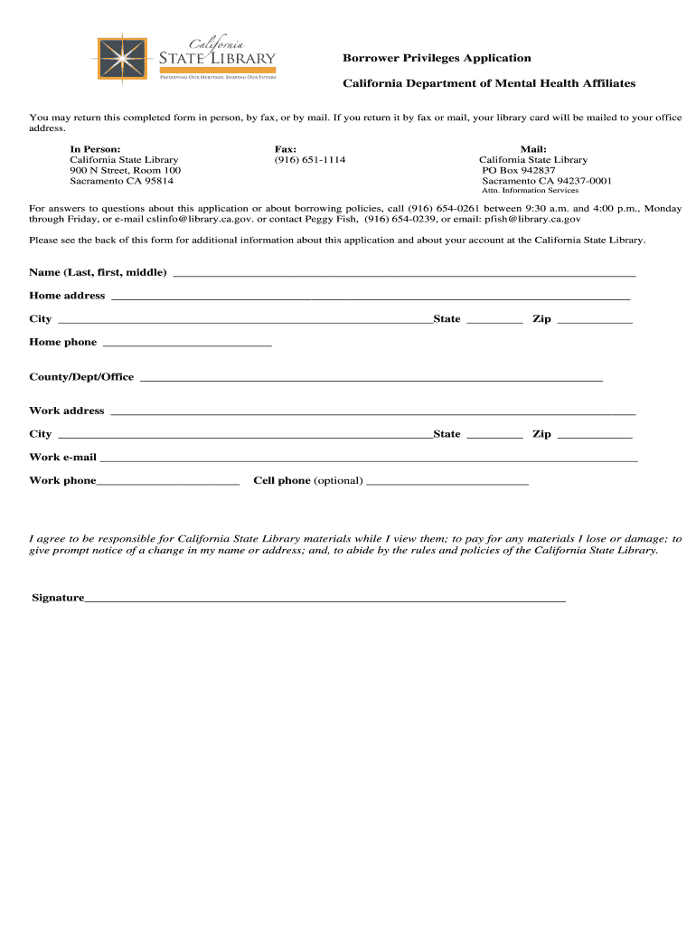 Borrower Privileges Application California Department of Mental Health Affiliates Library Ca  Form