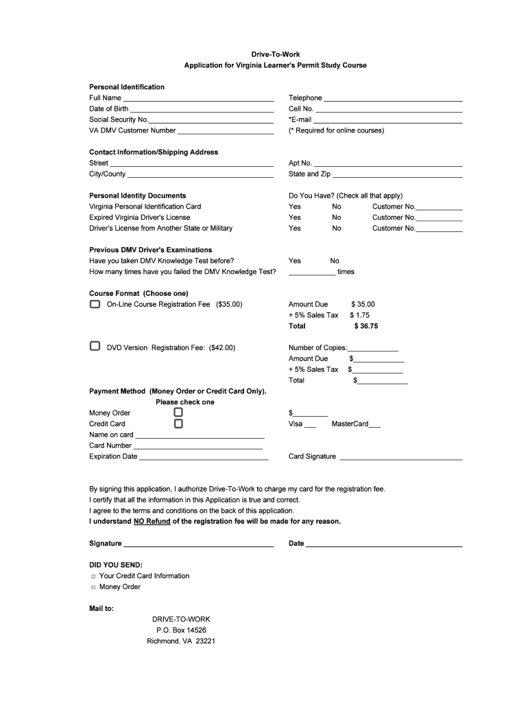 Application for Virginia Learner&#039;s Permit Study Drive to Work Drivetowork  Form