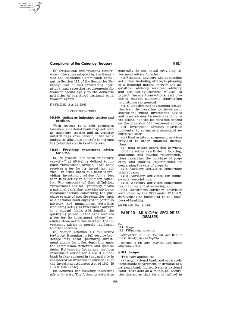 Comptroller of the Currency, Treasury Edocket Access Gpo  Form