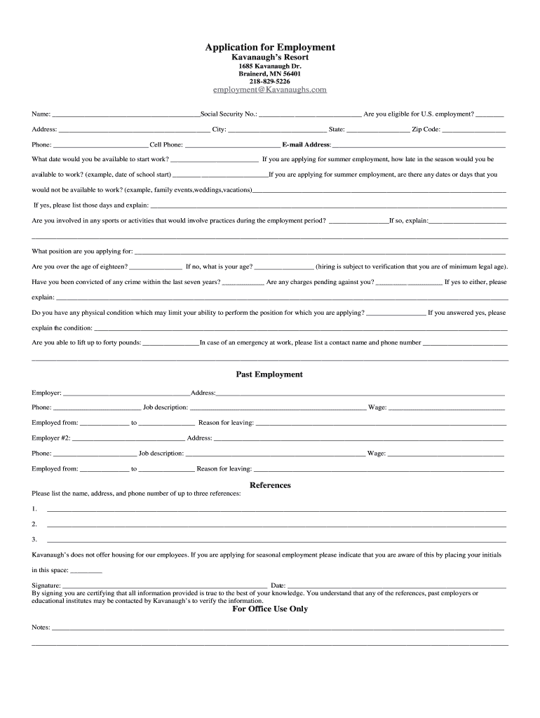 MPLOYMENT APPLICATION  Kavanaugh&#39;s Resort  Form