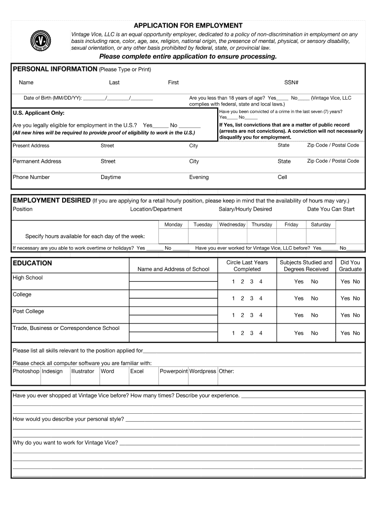 Employment Application Vintage Vice  Form