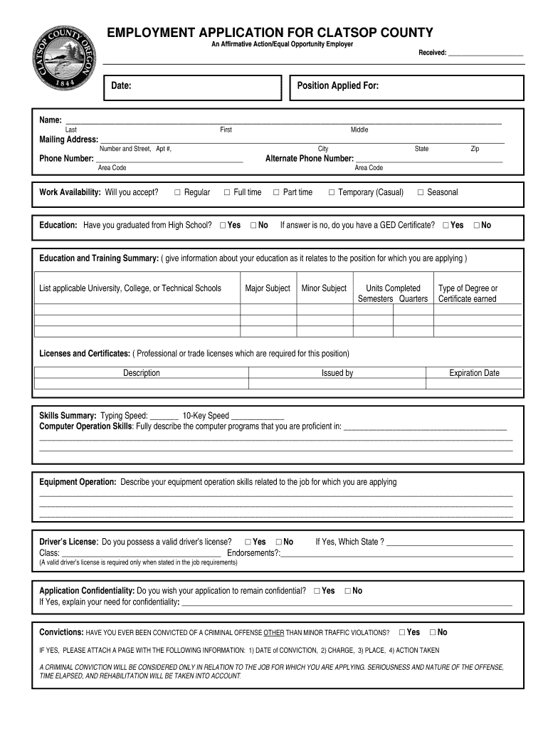 EMPLOYMENT APPLICATION for CLATSOP COUNTY  Co Clatsop or  Form