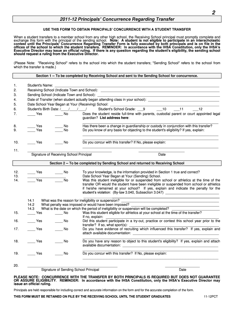 12 Principals&#39; Concurrence Regarding Transfer  Ihsa  Form