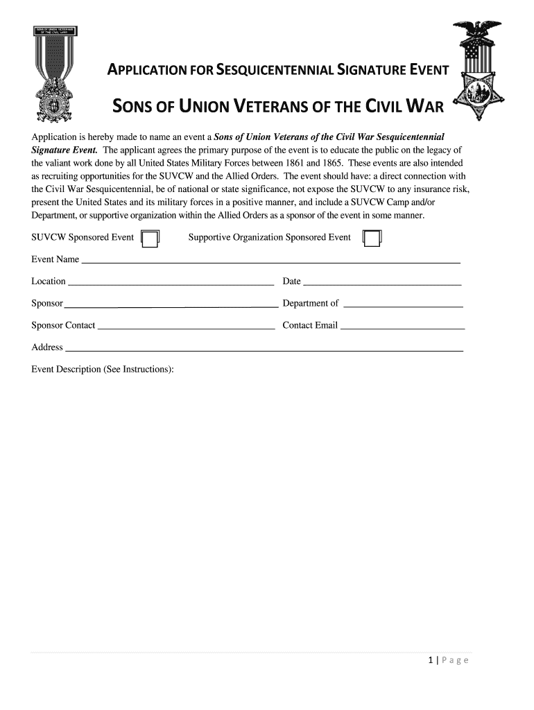 Application for Sesquicentennial Signature Event Sons of Union  Form