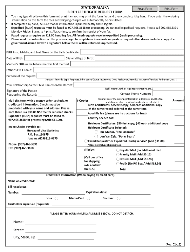 Alaska Birth Certificate Cost  Form