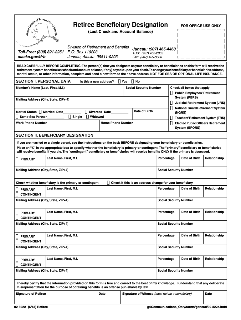 Retiree Beneficiary Designation, Form 02 822a  Doa Alaska