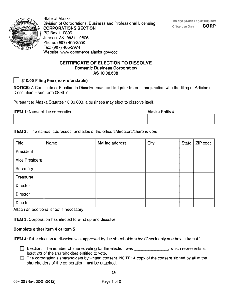 Certificate of Election to Dissolve  Commerce  Commerce Alaska  Form