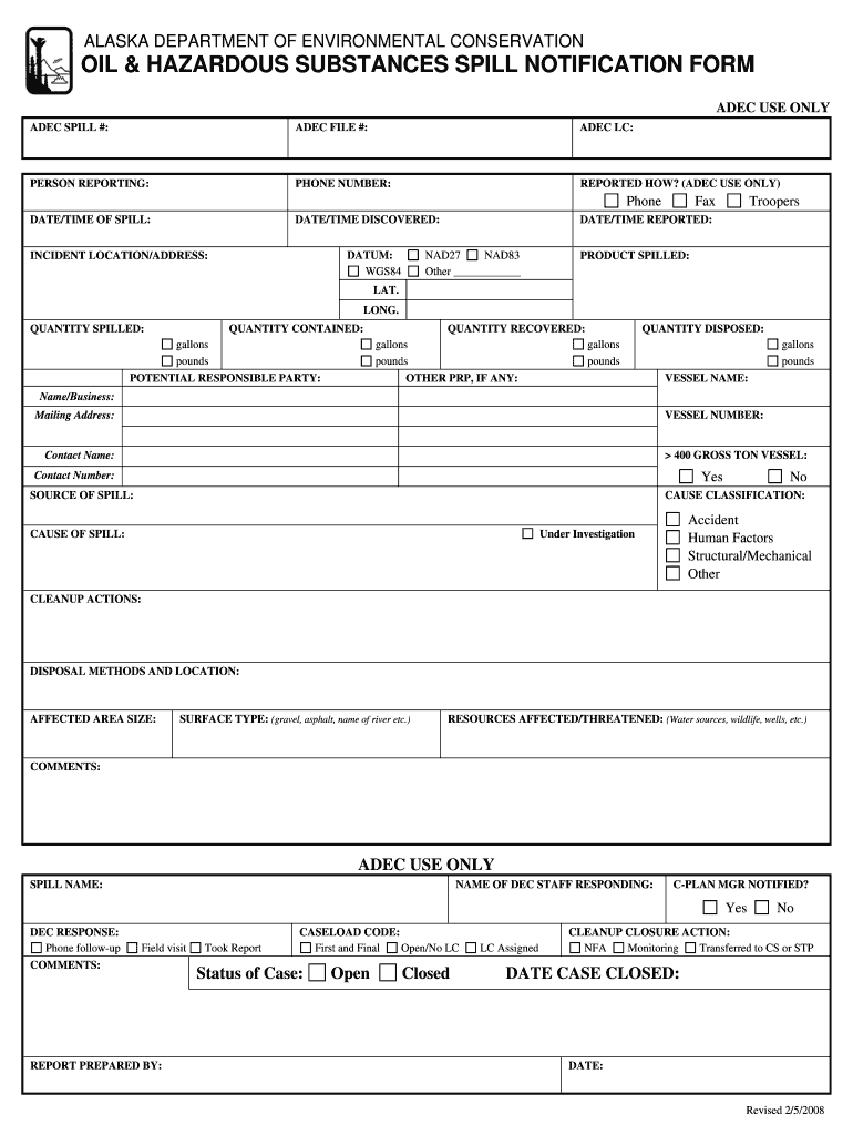 Alaska Department of Environmental Conservation Oil & Hazardous Substance Spill Notification Form