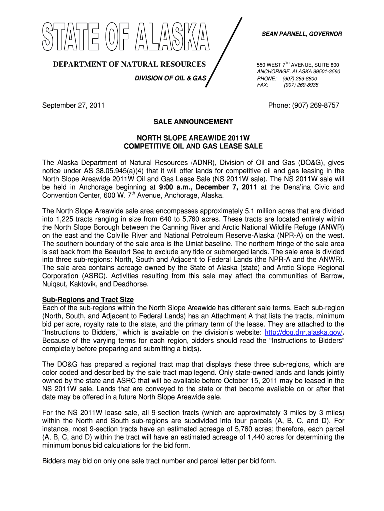 Sale Announcement NS2011W  State of Alaska DNR , Division of    Dog Dnr Alaska  Form