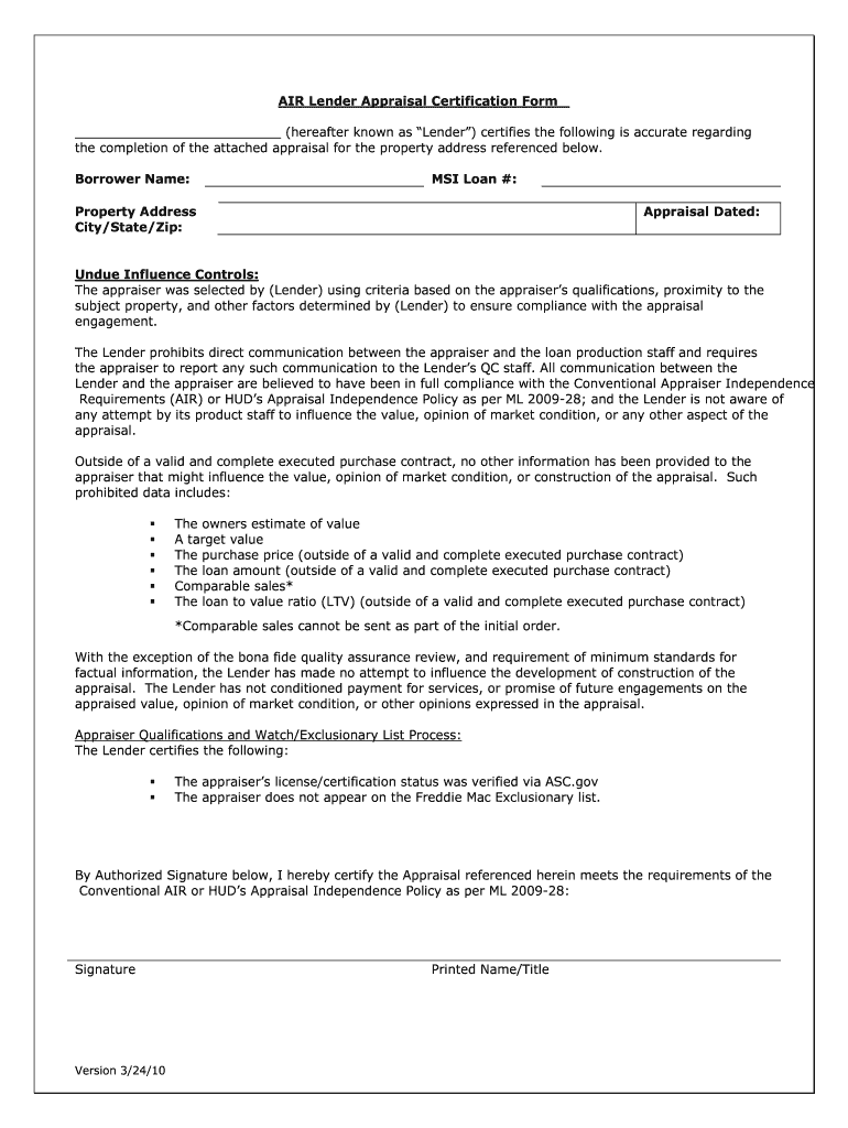 Get and Sign Appraisal Air Cert 2010-2022 Form