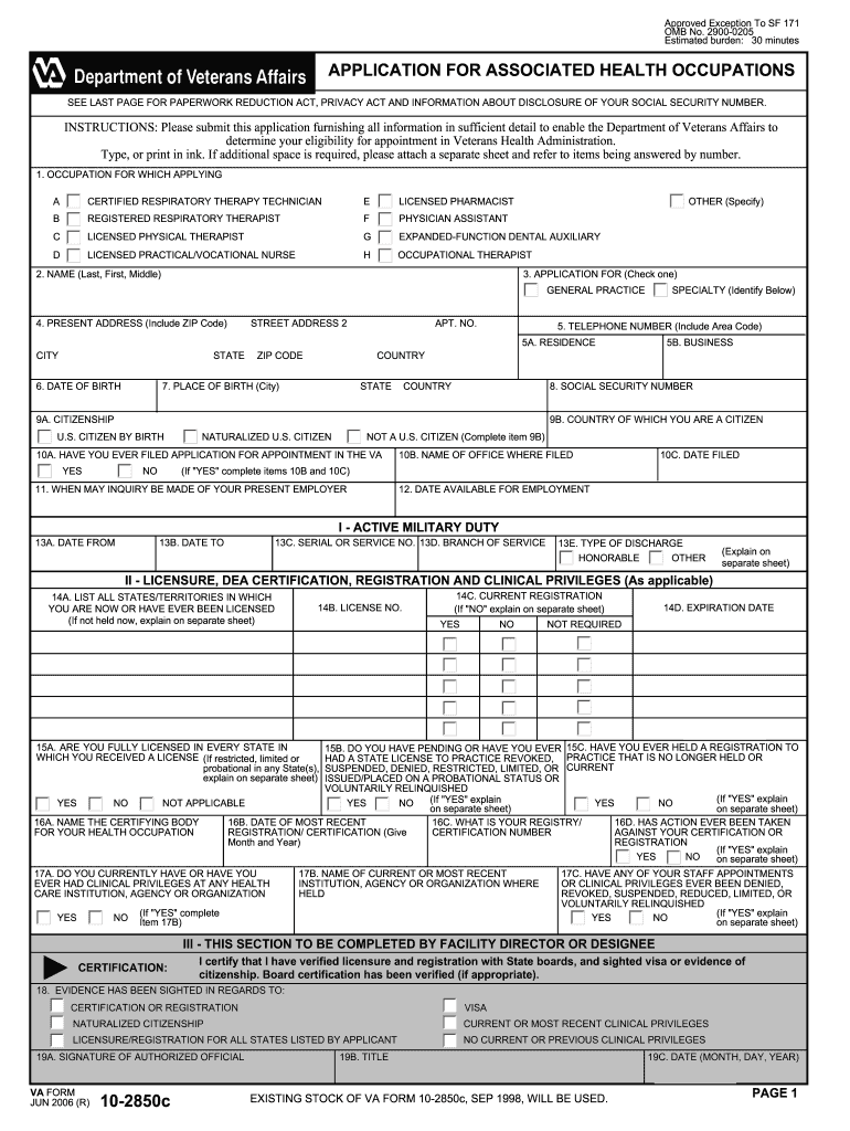  Va Form 10 2850c 2006