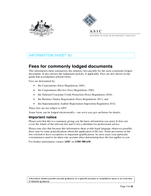 Information Sheet 30 Fees for Commonly Lodged Documents Asic Gov