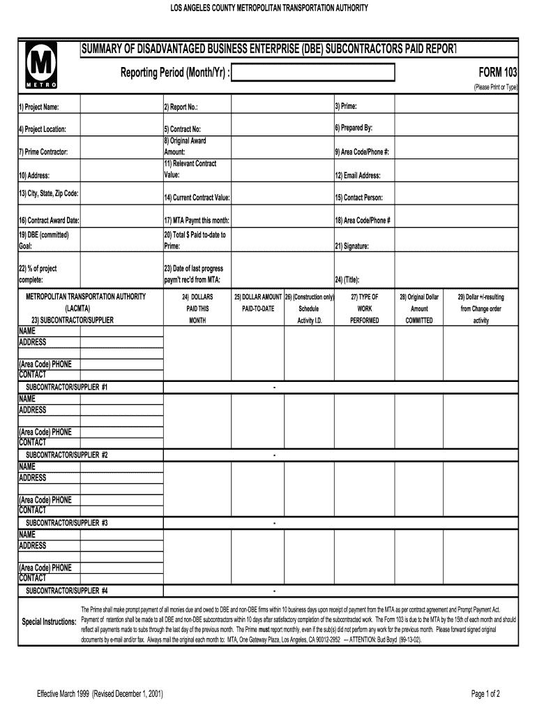  Form 103 Metro 2001