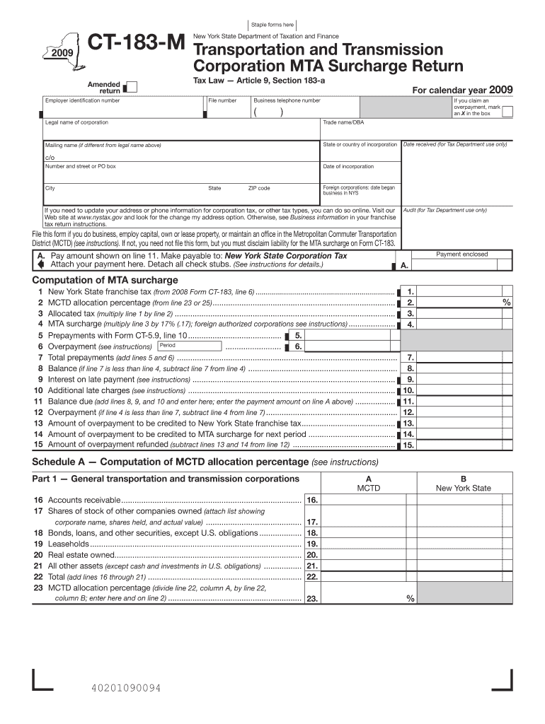 Staple Forms Here CT 183 M Amended Return Employer Identification Number New York State Department of Taxation and Finance Trans