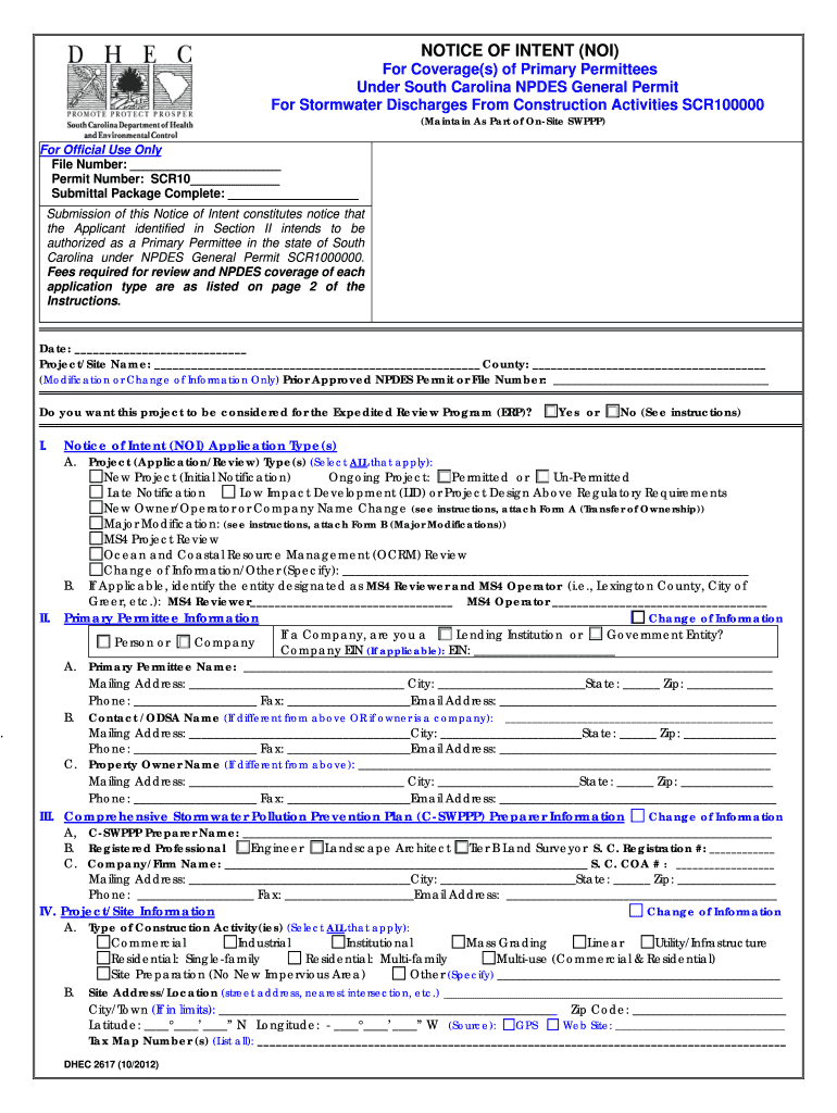 Notice of Intent NOI for Stormwater Discharges from Large and Scdhec  Form