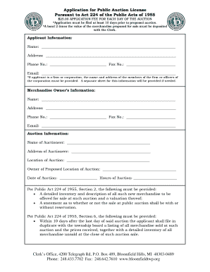 Auction Application Bloomfield Township  Form