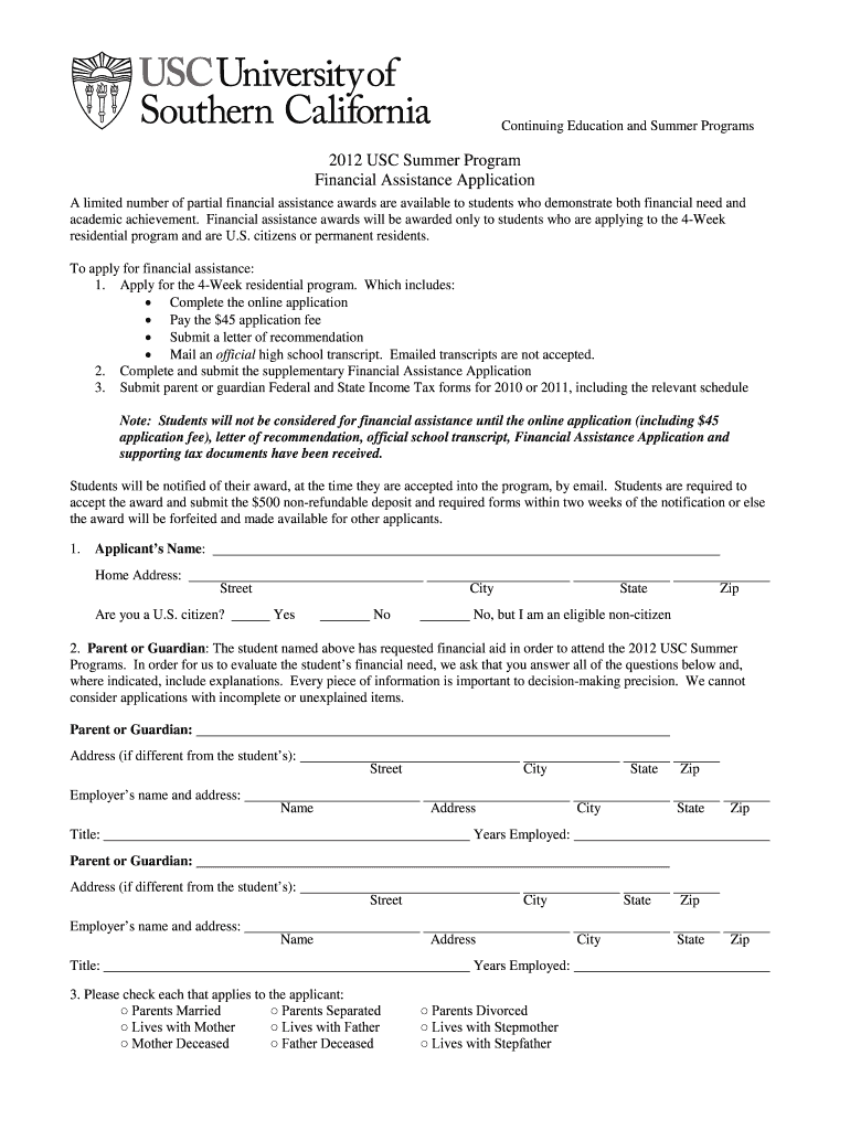USC Summer Program Financial Assistance Application Summer Usc  Form