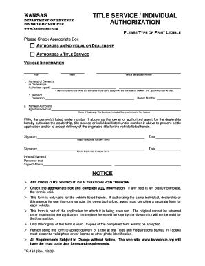 Title Authorization Form TR 134 Kansas Department of Revenue Ksrevenue