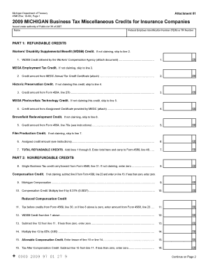 MICHIGAN Business Tax Miscellaneous Credits for Insurance Companies  Form