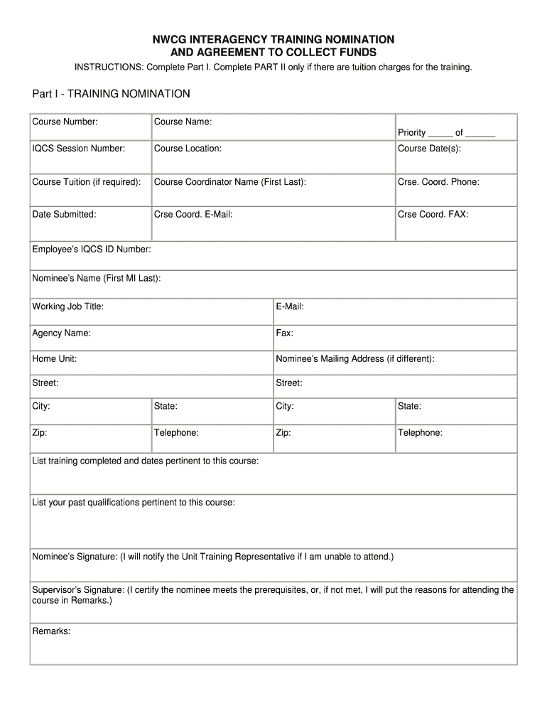 NWCG INTERAGENCY TRAINING NOMINATION and AGREEMENT to COLLECT FUNDS  Azsf Az  Form