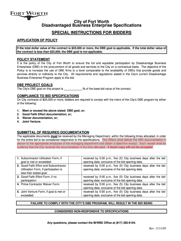 City of Fort Worth Disadvantaged Business Enterprise Specifications  Form