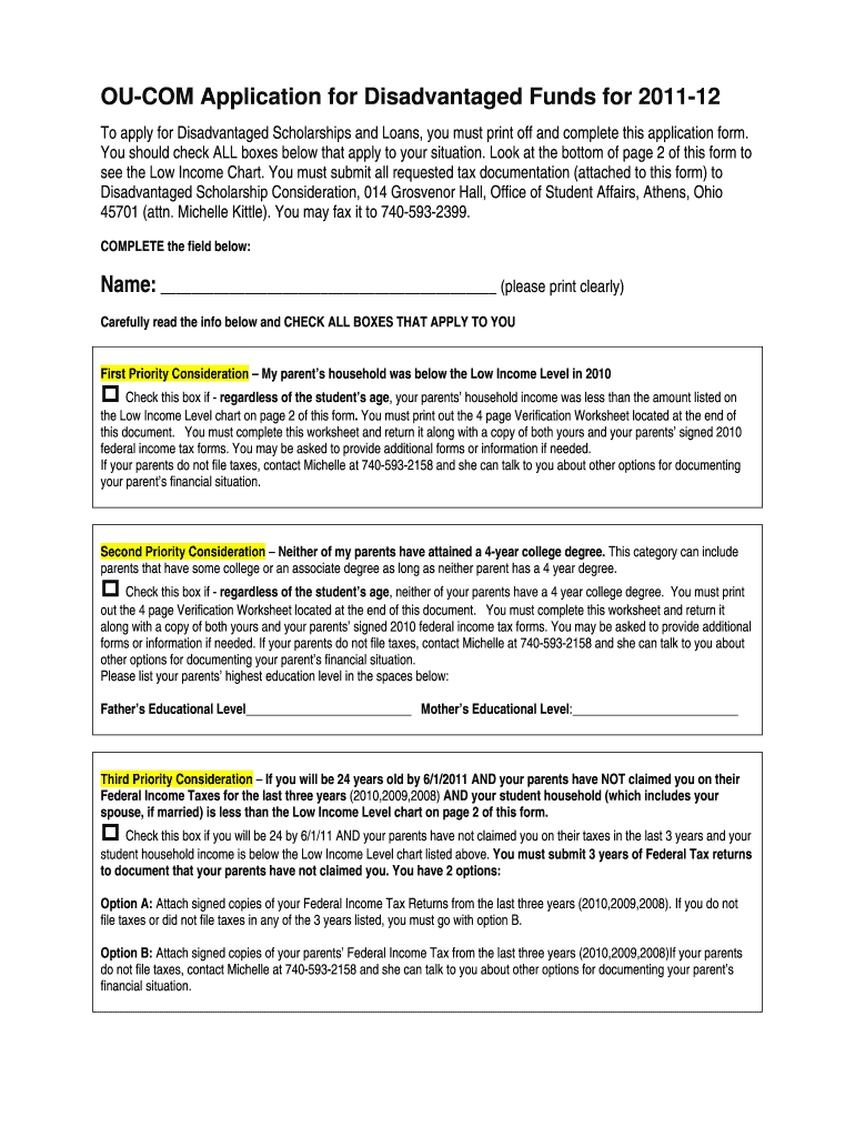 OU COM Application for Disadvantaged Funds for 12 Oucom Ohiou  Form