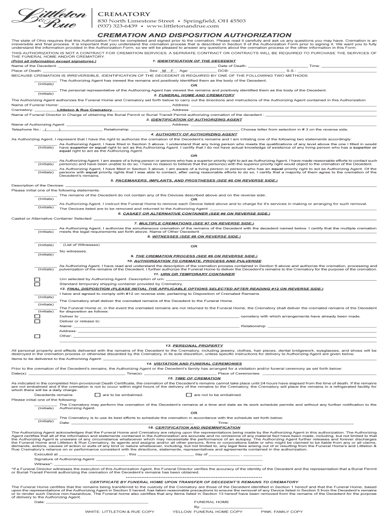 Cremation and Disposition Authorization Littleton &amp; Rue Funeral  Form