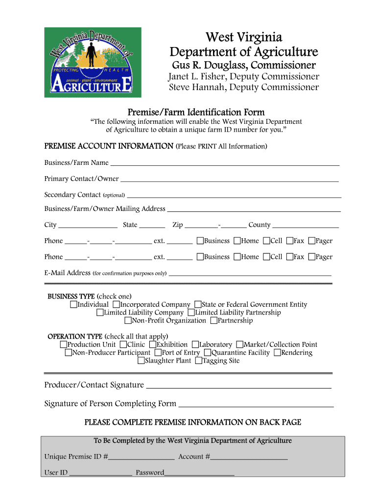 PremiseFarm Identification Form  West Virginia Department of    Wvagriculture