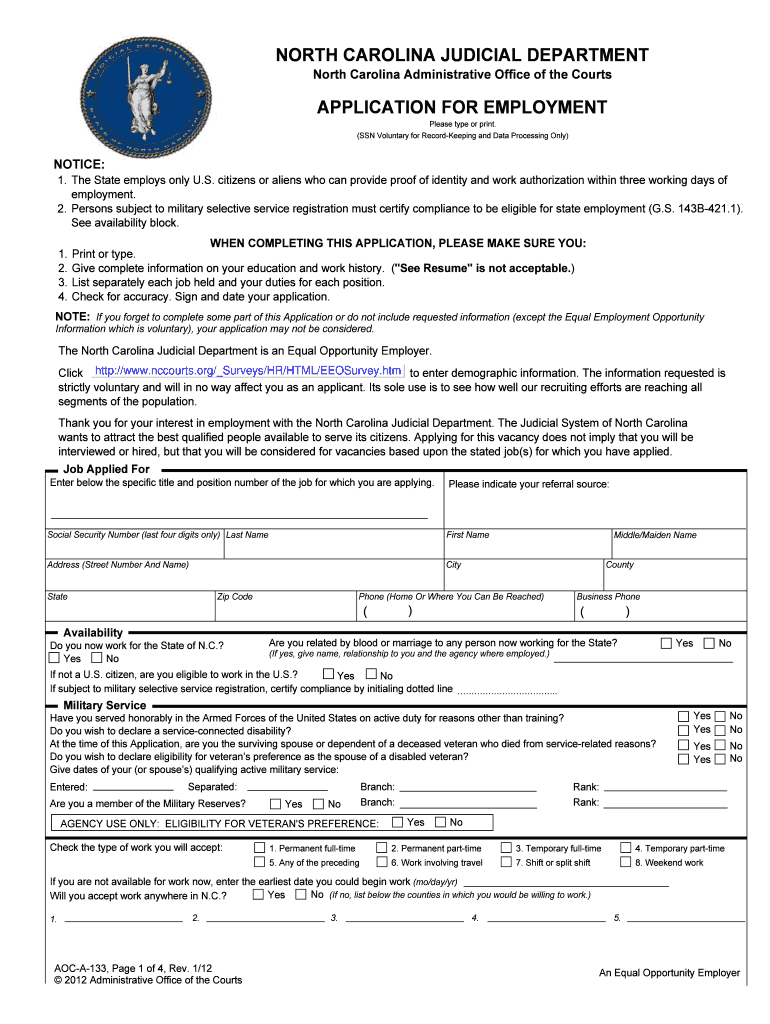 North Carolina Judicial Department Application for Employment Form