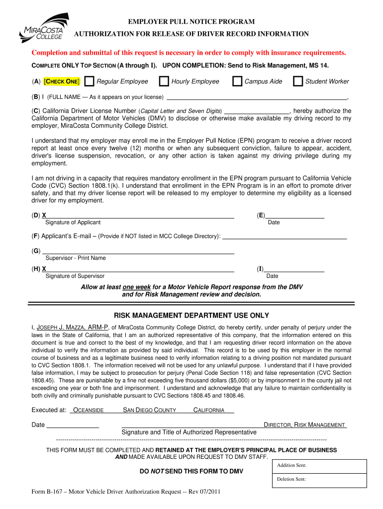 Motor Vehicle Driver Authorization Request Form B 167 PDF