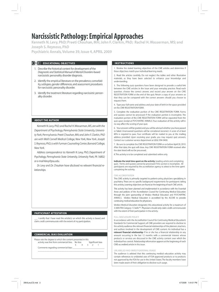 Narcissistic Pathology Empirical Approaches Laboratory for  Form