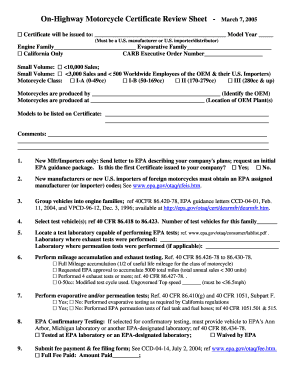 On Highway Motorcycle Certificate Review Sheet Epa  Form