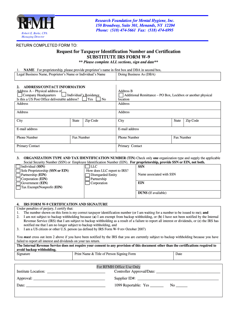 Request for Taxpayer Identification Number and Certification    Corporate Rfmh  Form