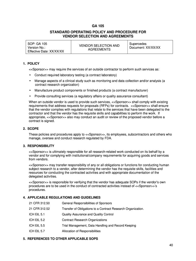 Ga 105 Standard Operating Policy and Procedure for Vendor  Form