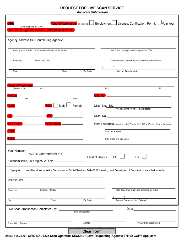  Generic Request for Live Scan Form 1998