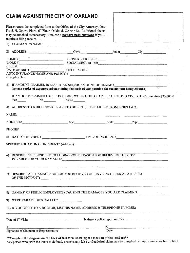 City of Oakland Claim Form