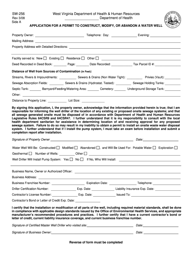 SW 256 Application for a Permit to Construct, Modify, or    DHHR  Wvdhhr  Form