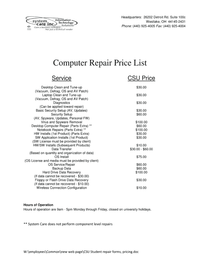 Computer Repair Price List PDF  Form