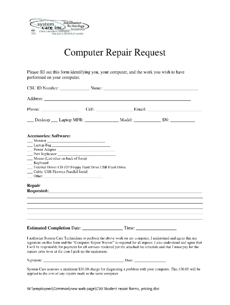 Computer Repair Price List PDF  Form