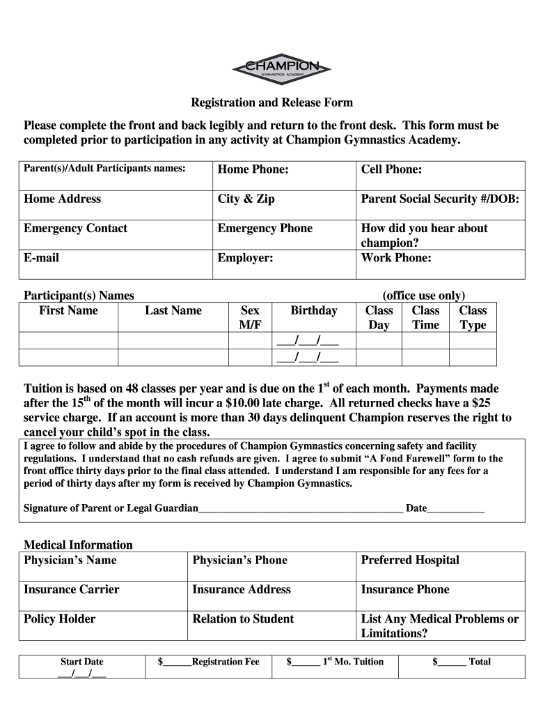 Registration and Release Form Please Complete the Front and Back