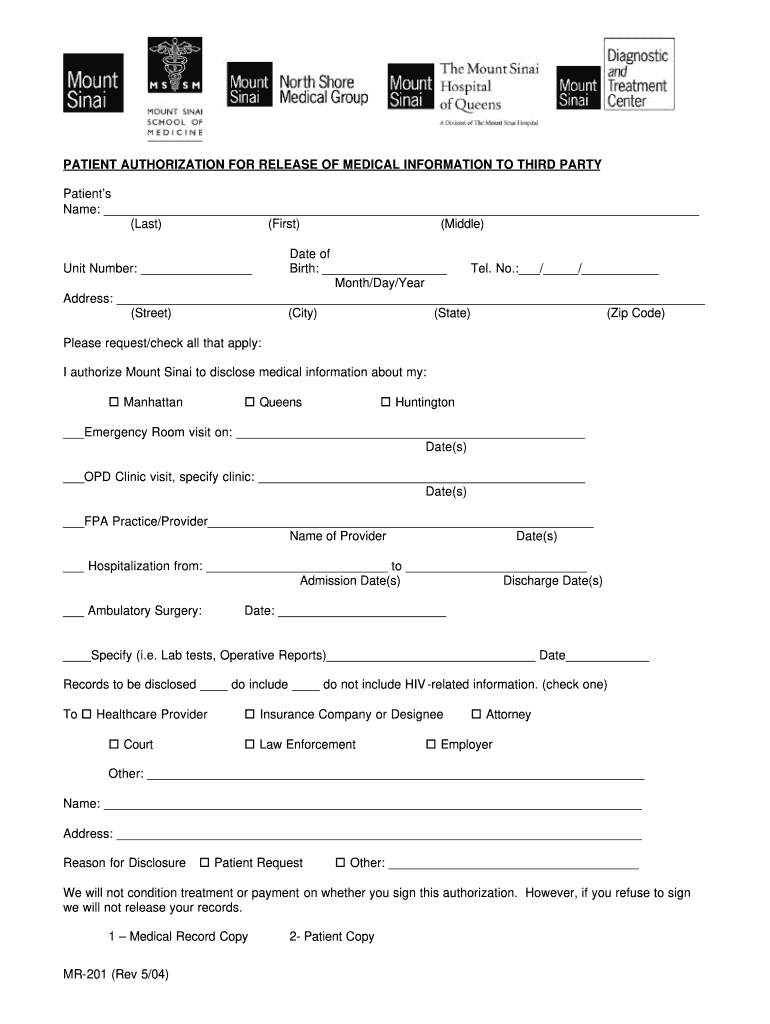  PATIENT AUTHORIZATION for RELEASE of MEDICAL Mssm 2004