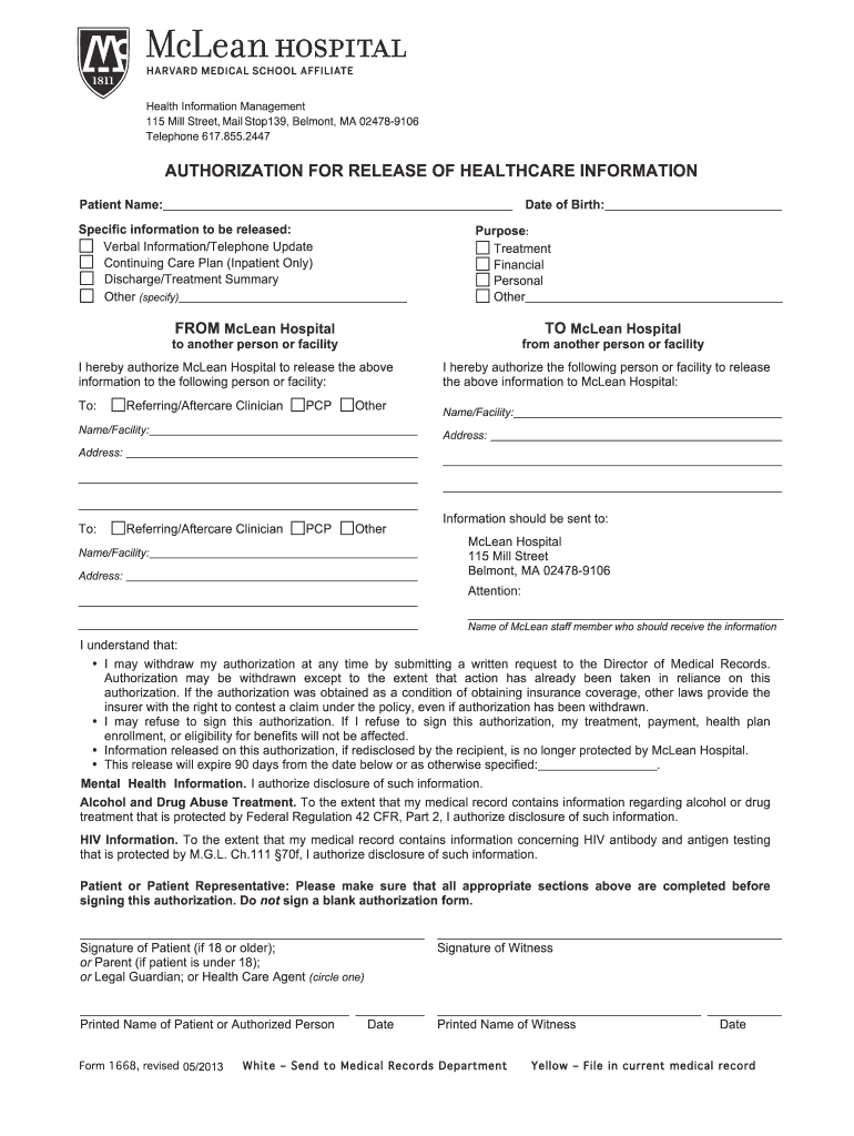  Mclean Hospital Medical Records Fax Form 2013-2024