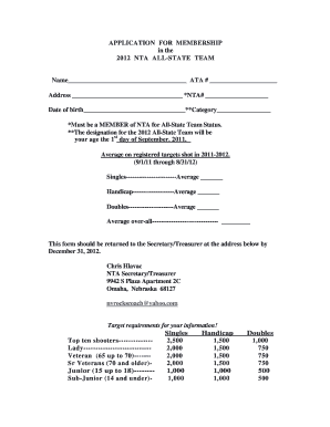 APPLICATION for MEMBERSHIP in the NTA ALL STATE  Form